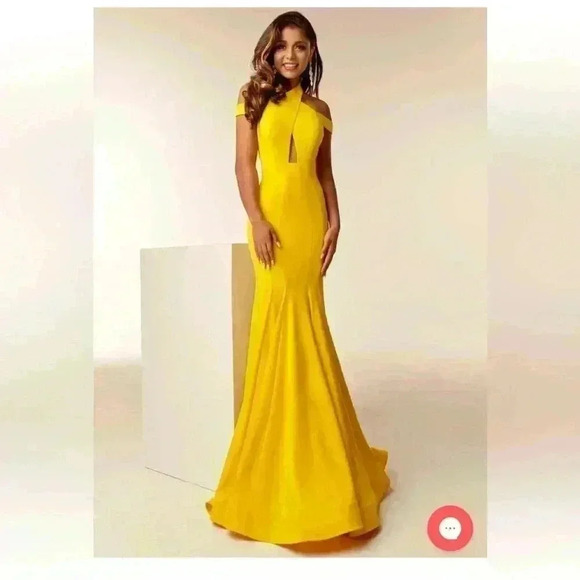 Jasz Couture - Cross Halter Mermaid Gown 6238. Bright Yellow Size 2 (Worn Once) - Picture 1 of 12
